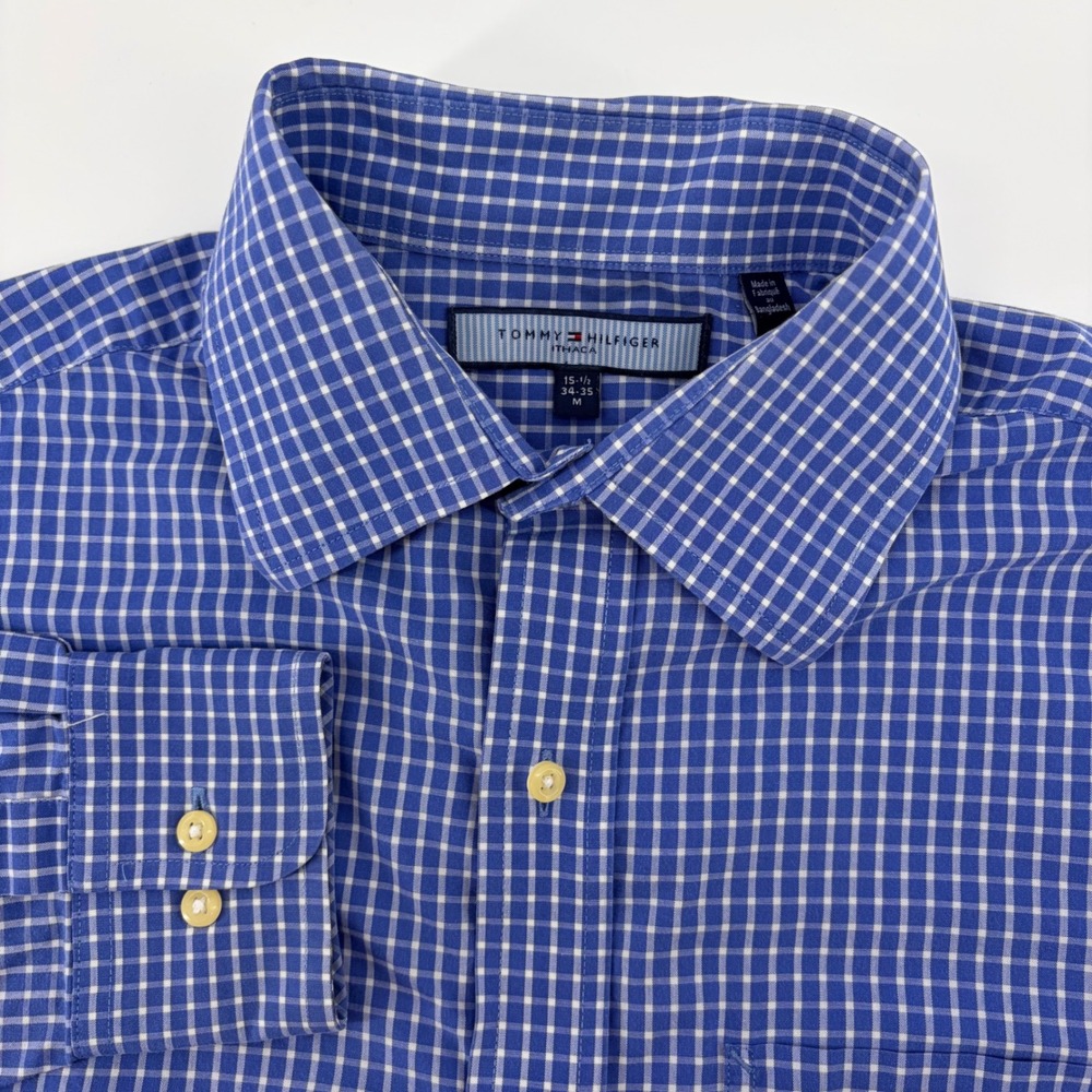 Tommy Hilfiger Ithaca Mens Blue Gingham Button Down Shirt Size M 15.5 34-35